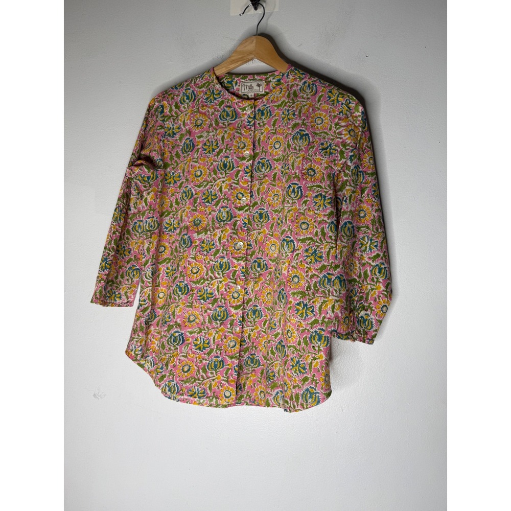Mille Resort & Travel Pink Floral Block Print Button Down Blouse Small